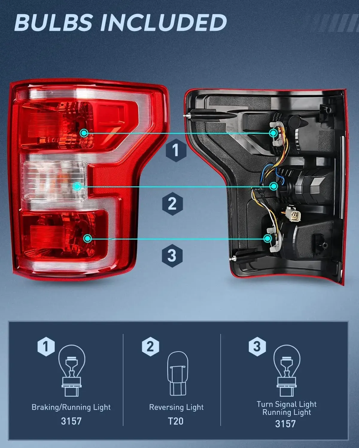 2018-2020 Ford F150 Tail light Assembly Rear Lamp Replacement OE Style Red Housing with Bulbs and Harness Driver Passenger side