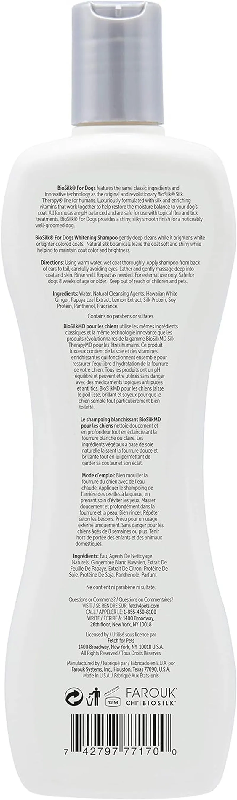 Biosilk Silk Therapy Whitening Dog Shampoo for Dogs - Pet Safe Grooming and Brightening Shampoo for a Bright White Coat - Dog Wash Enhances Shine and Softness, 12 Fl Oz