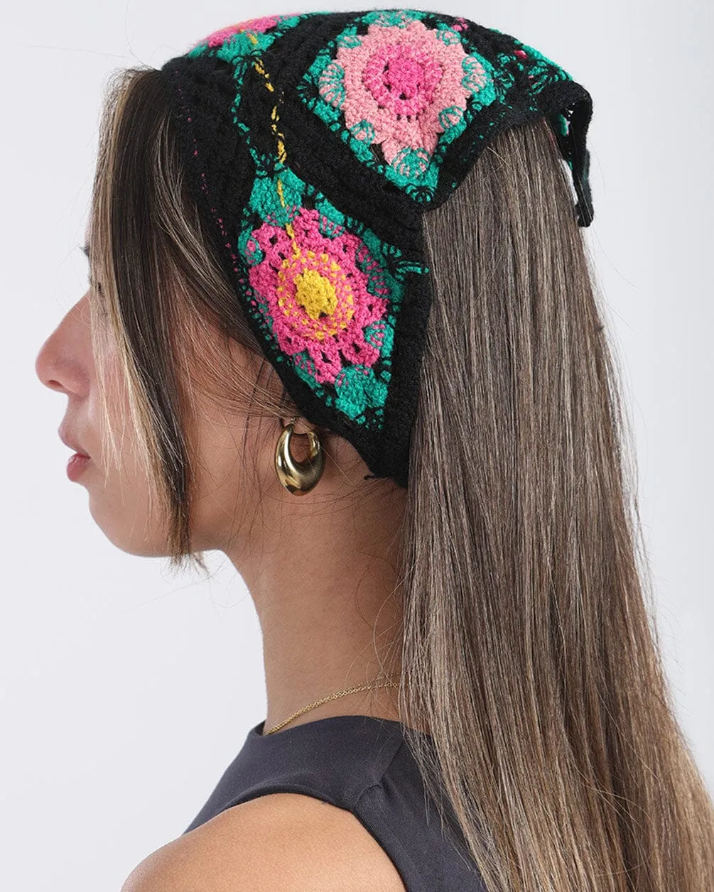 Black Crochet Flower Bandana
