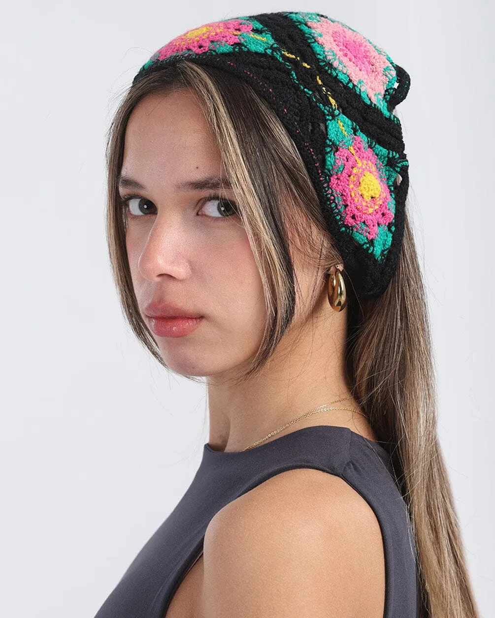 Black Crochet Flower Bandana