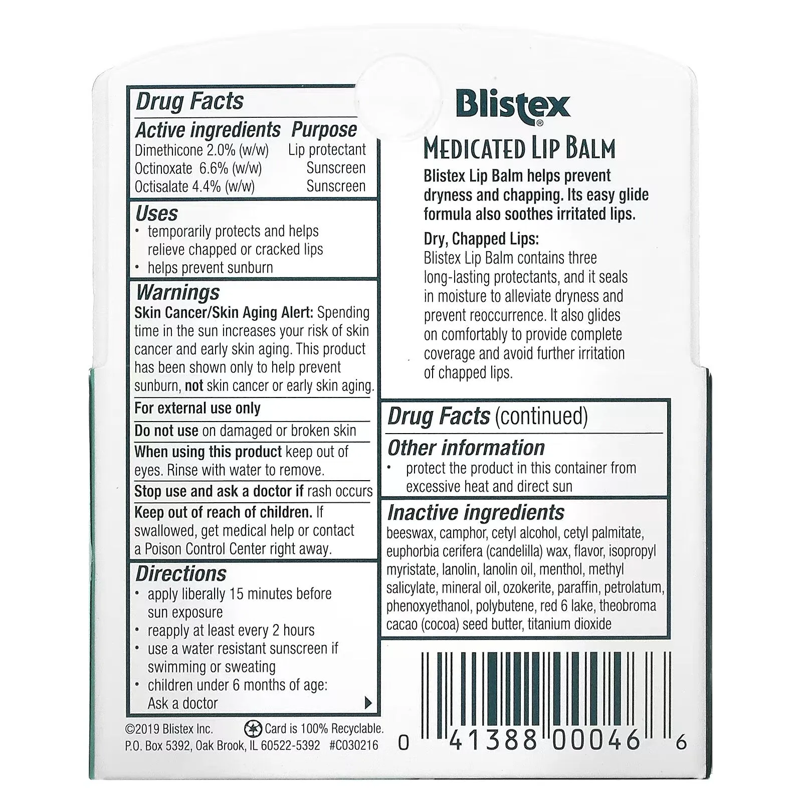 Blistex Healing Lip Balm with SPF 15 per package 3 balms of 4.25 g each