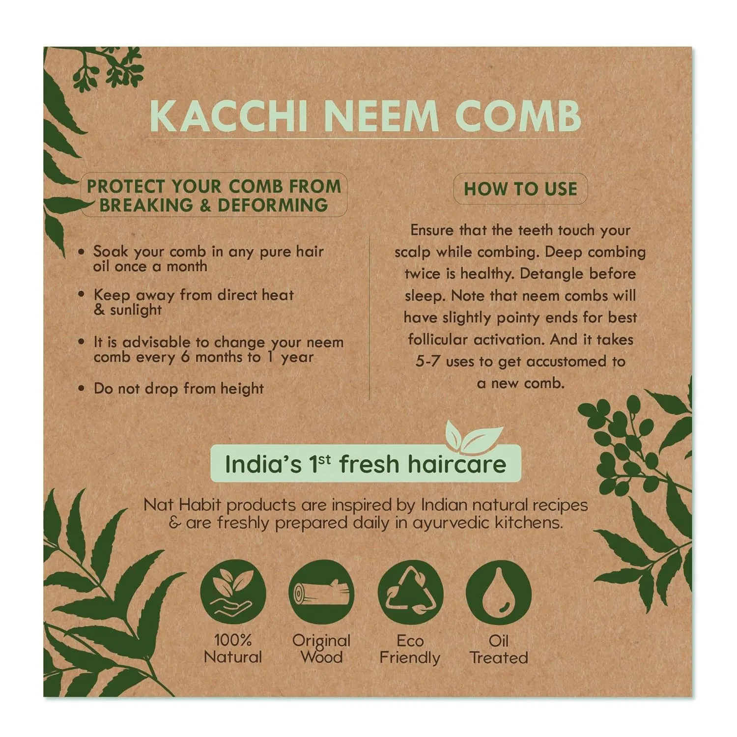 Houme Kacchi Neem Wooden Shampoo Comb -  For Post Shampoo Detangling Suited For Long & Thick Hair