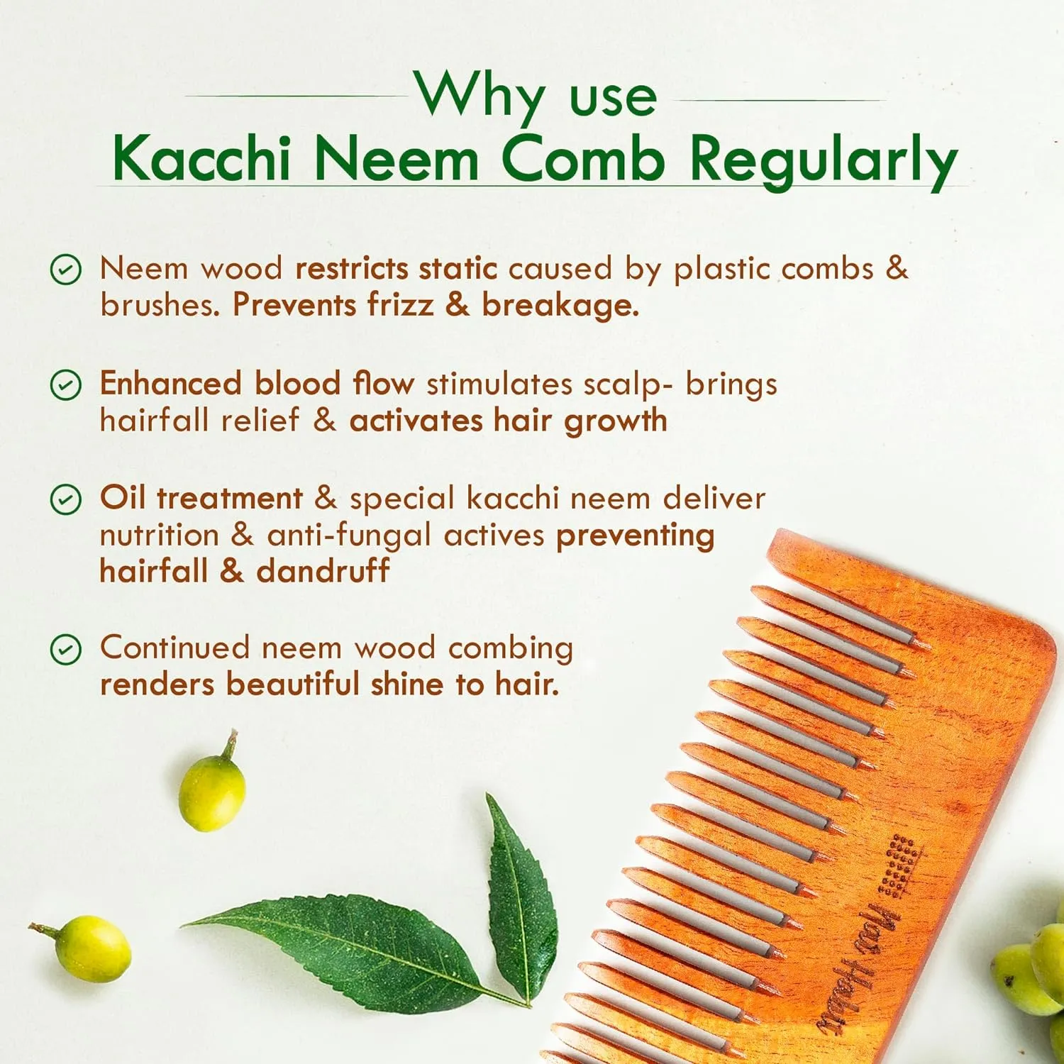 Houme Kacchi Neem Wooden Shampoo Comb -  For Post Shampoo Detangling Suited For Long & Thick Hair