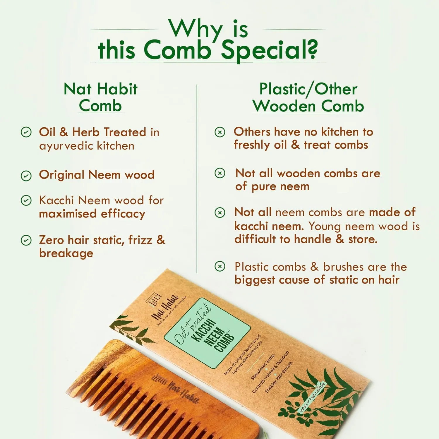 Houme Kacchi Neem Wooden Shampoo Comb -  For Post Shampoo Detangling Suited For Long & Thick Hair