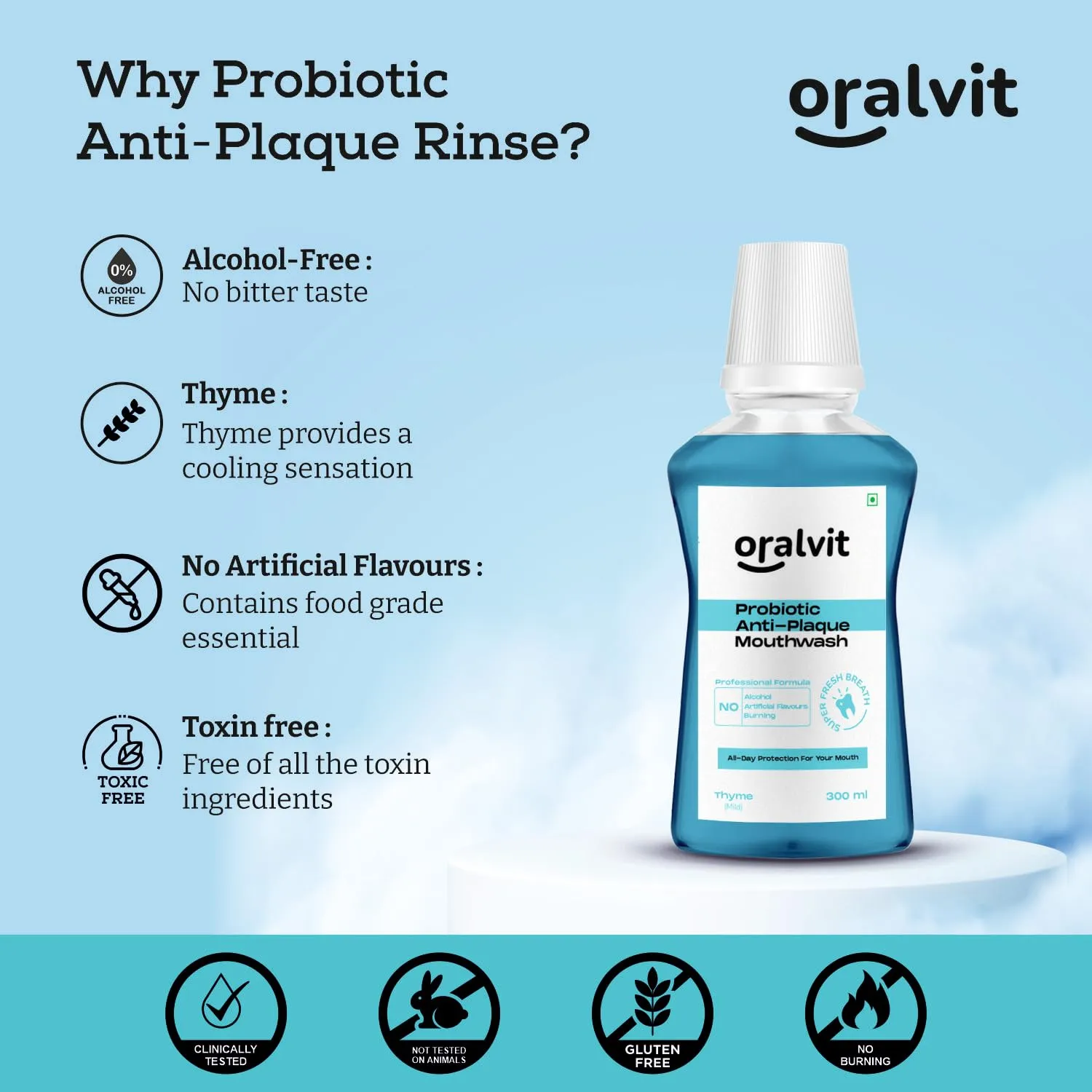 Oralvit Mouth Freshner Combo | Anti - Plaque Mouthwash & Sodium Bicarbonate Teeth Whitening Powder | For Dental Hygiene and Freshness - Thyme  (300ml, 50g)