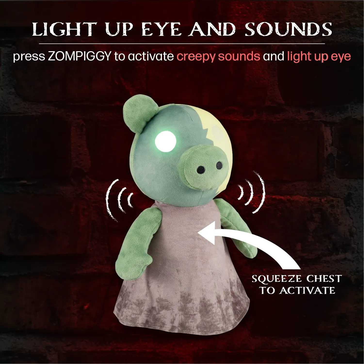 PIGGY ZomPiggy Plush Stuffed Animal Toy with Light Up Eye and Sounds, 13"