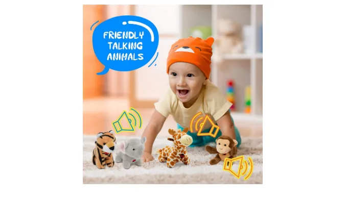 PRICE DROP: Hoovy 5-Piece Plush Jungle Animal Sounds Toy Set with Carrier | Stuffed Monkey, Giraffe, Tiger & Elephant - Ships Quick!