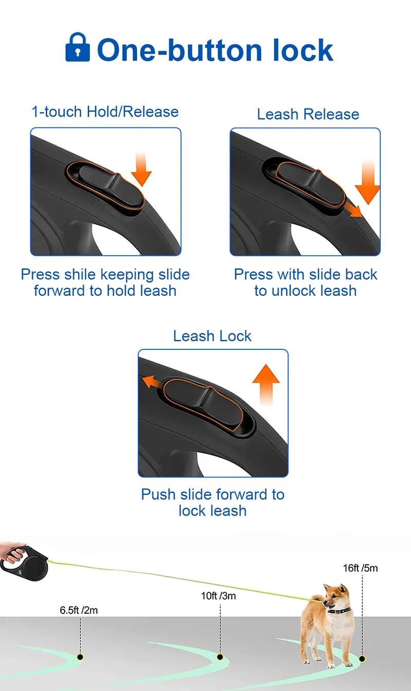 Retractable Dog Leash with Reflective Strip - 5m, for Dogs up to 20kg