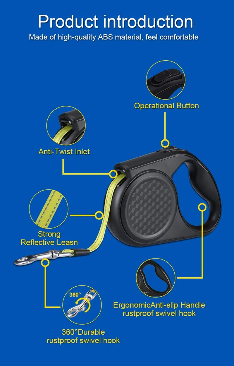 Retractable Dog Leash with Reflective Strip - 5m, for Dogs up to 20kg