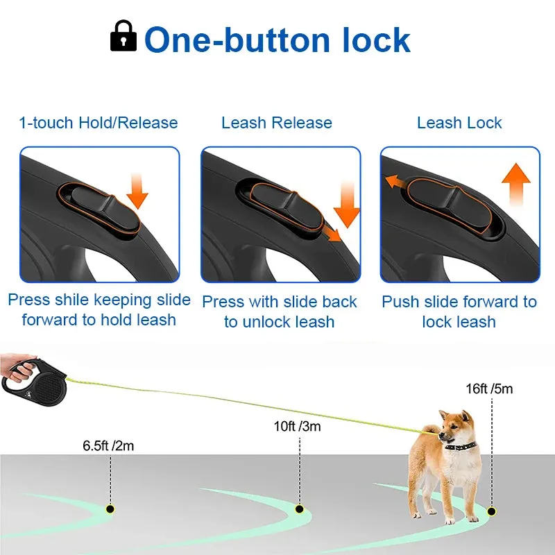 Retractable Dog Leash with Reflective Strip - 5m, for Dogs up to 20kg