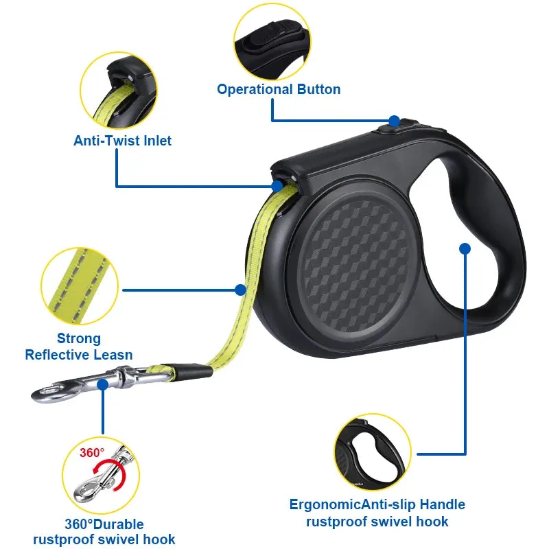 Retractable Dog Leash with Reflective Strip - 5m, for Dogs up to 20kg