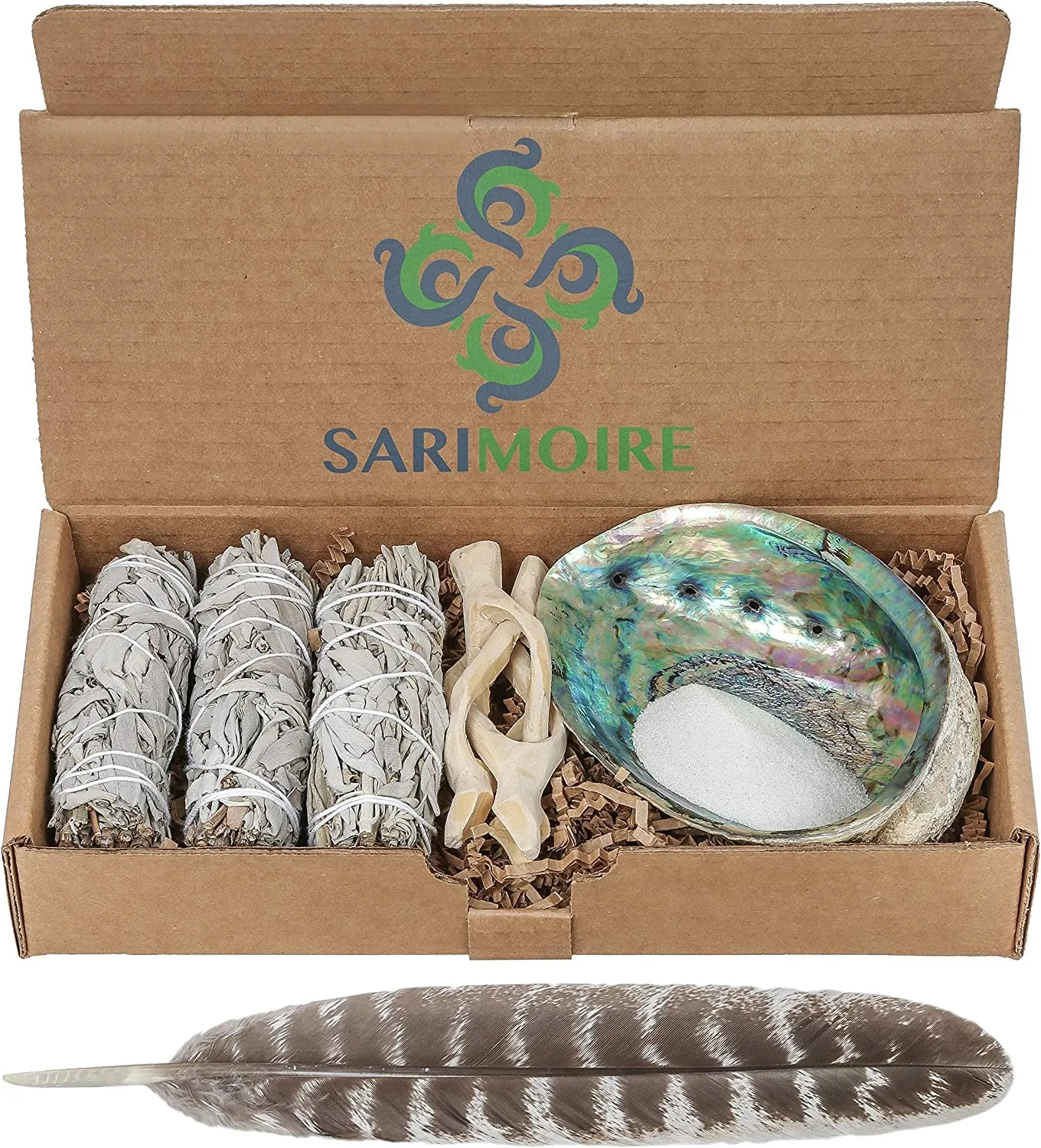 Sage Smudge Kit - White Sage Smudge Sticks - 4In ~ Abalone Shell 5-6In ~ 2In Tripod Stand ~ 9-12In Feather and White Sand