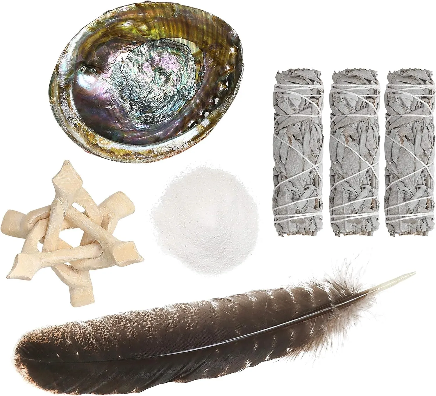 Sage Smudge Kit - White Sage Smudge Sticks - 4In ~ Abalone Shell 5-6In ~ 2In Tripod Stand ~ 9-12In Feather and White Sand