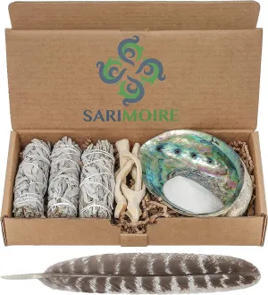 Sage Smudge Kit - White Sage Smudge Sticks - 4In ~ Abalone Shell 5-6In ~ 2In Tripod Stand ~ 9-12In Feather and White Sand