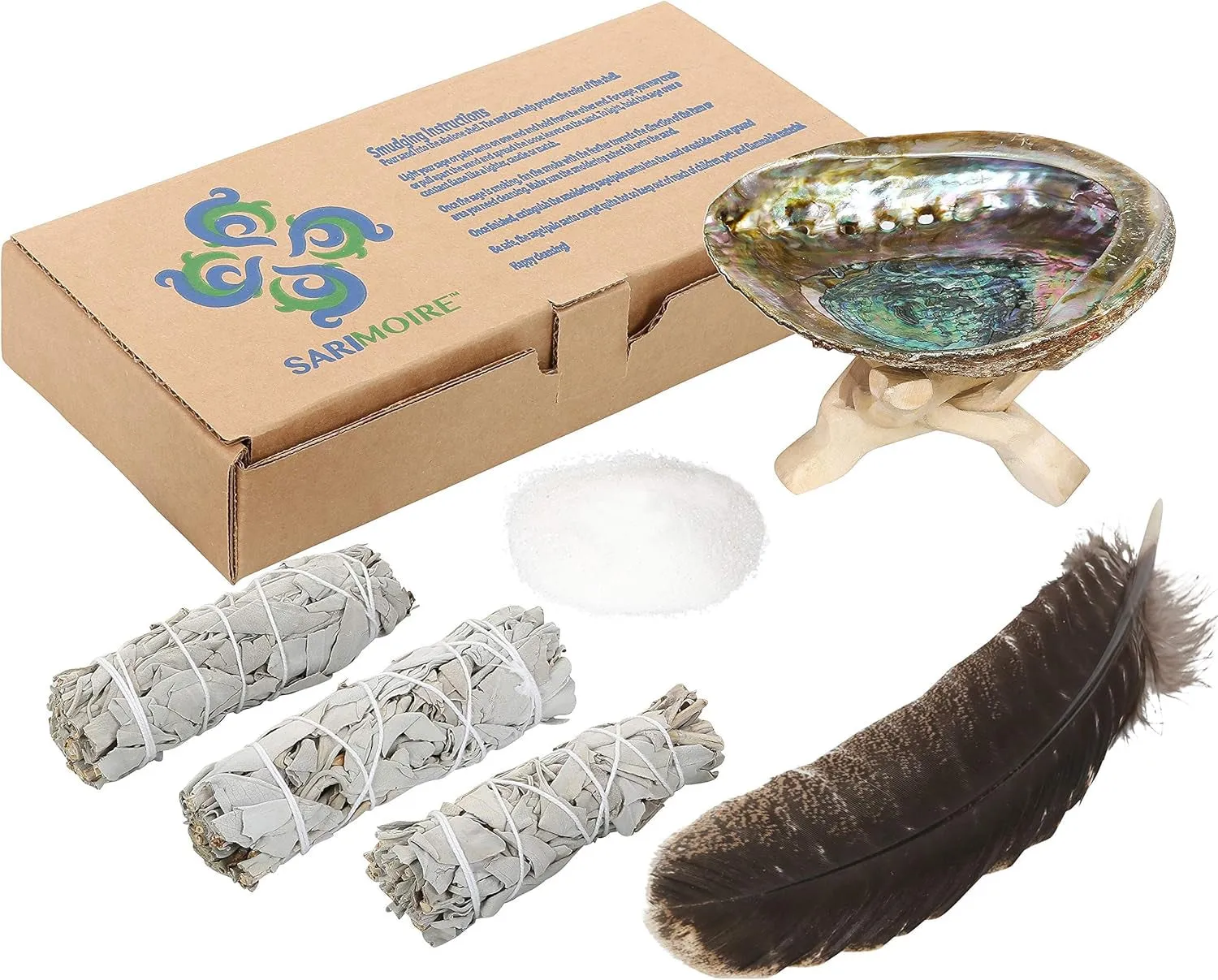 Sage Smudge Kit - White Sage Smudge Sticks - 4In ~ Abalone Shell 5-6In ~ 2In Tripod Stand ~ 9-12In Feather and White Sand