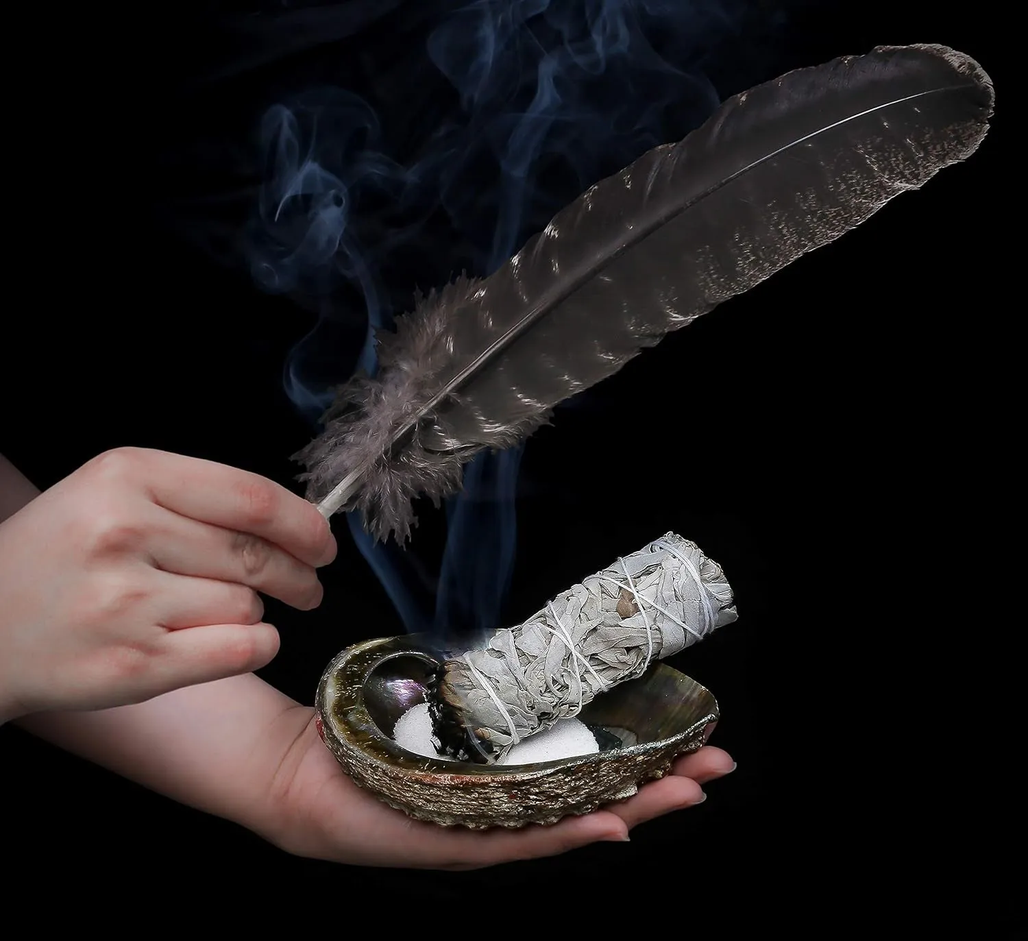 Sage Smudge Kit - White Sage Smudge Sticks - 4In ~ Abalone Shell 5-6In ~ 2In Tripod Stand ~ 9-12In Feather and White Sand