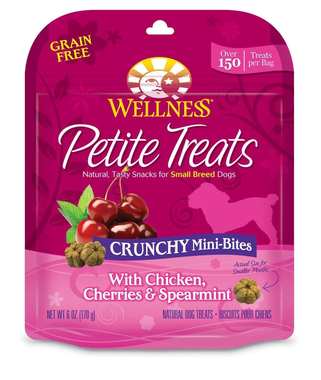 Wellness Grain-Free Petite Treats Crunchy Mini-Bites Chicken Cherries & Spearmint Dog Treats